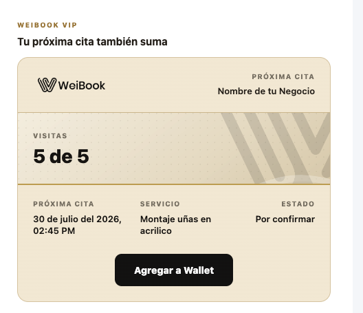 Preview of the WeiBook card with next appointment, visits, service, and Add to Wallet button