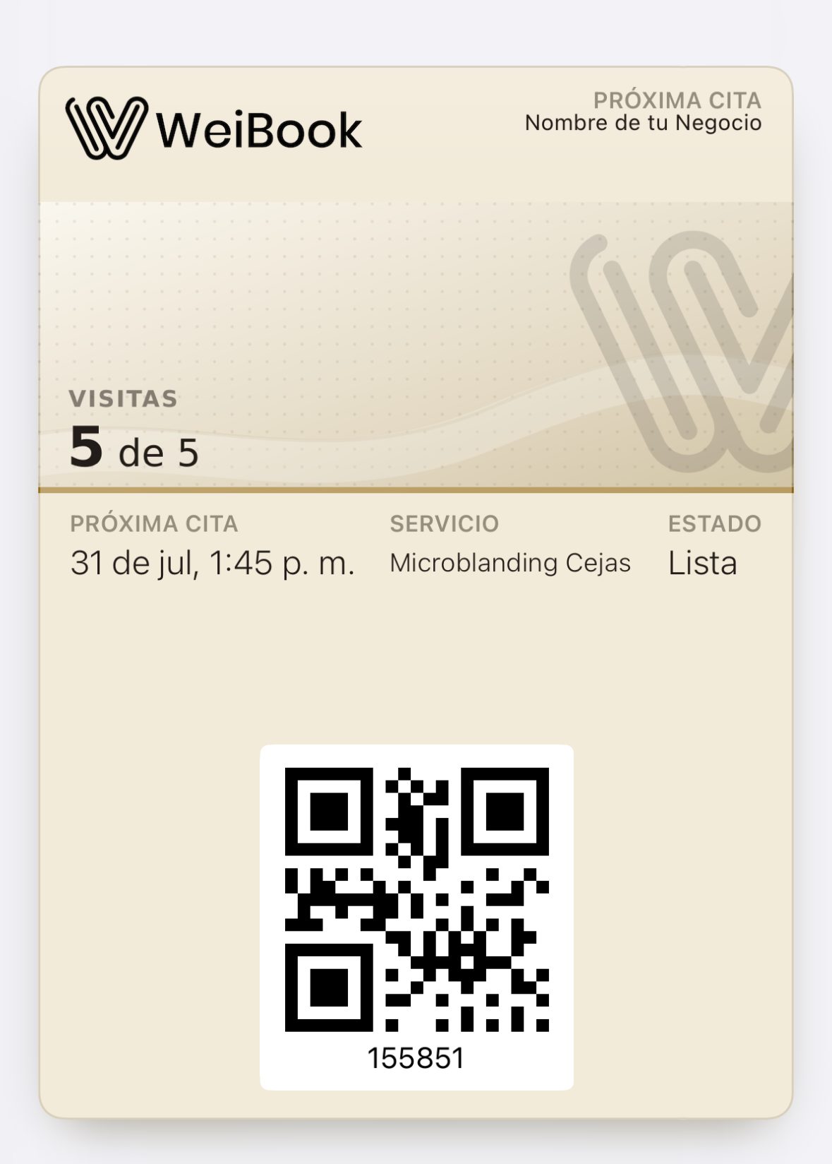 Complete WeiBook pass with visit progress, next appointment, service, status, and QR code