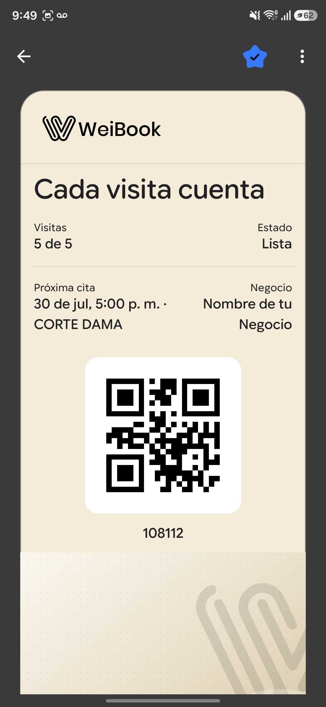 WeiBook digital pass inside a phone's Wallet, with visits, next appointment, and QR code