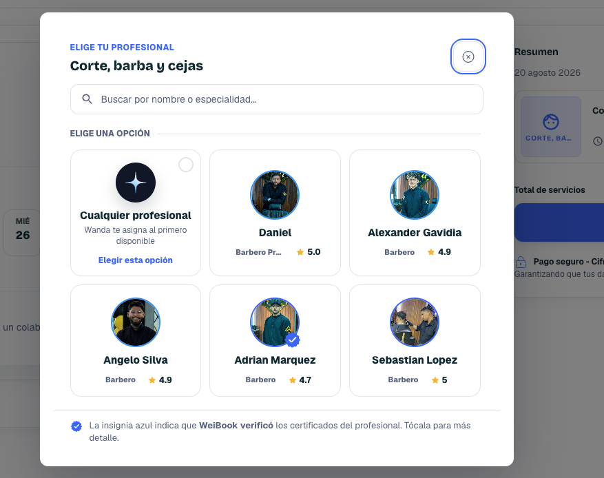 Verificación de barberos en WeiBook