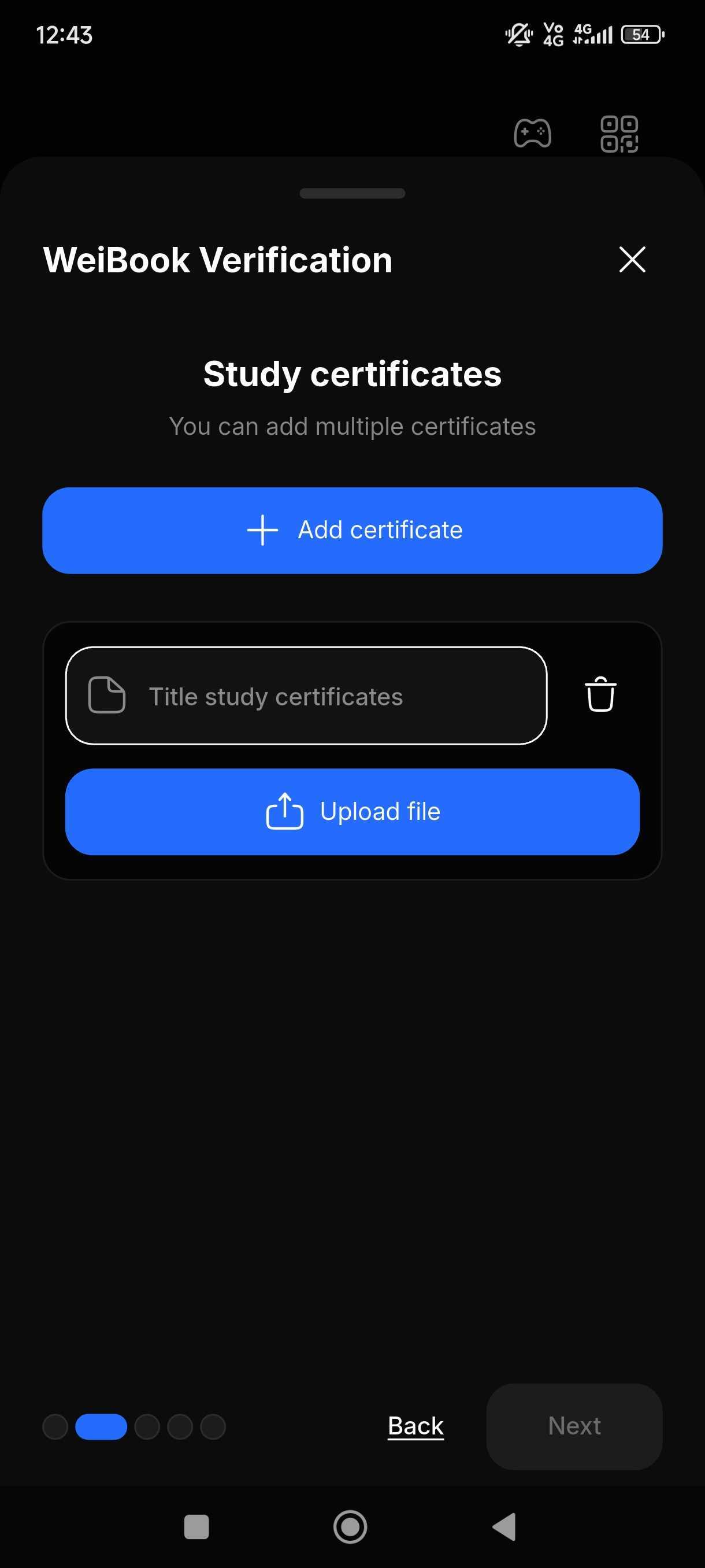 Formulario de WeiBook Verification para agregar el título y cargar un certificado de estudio