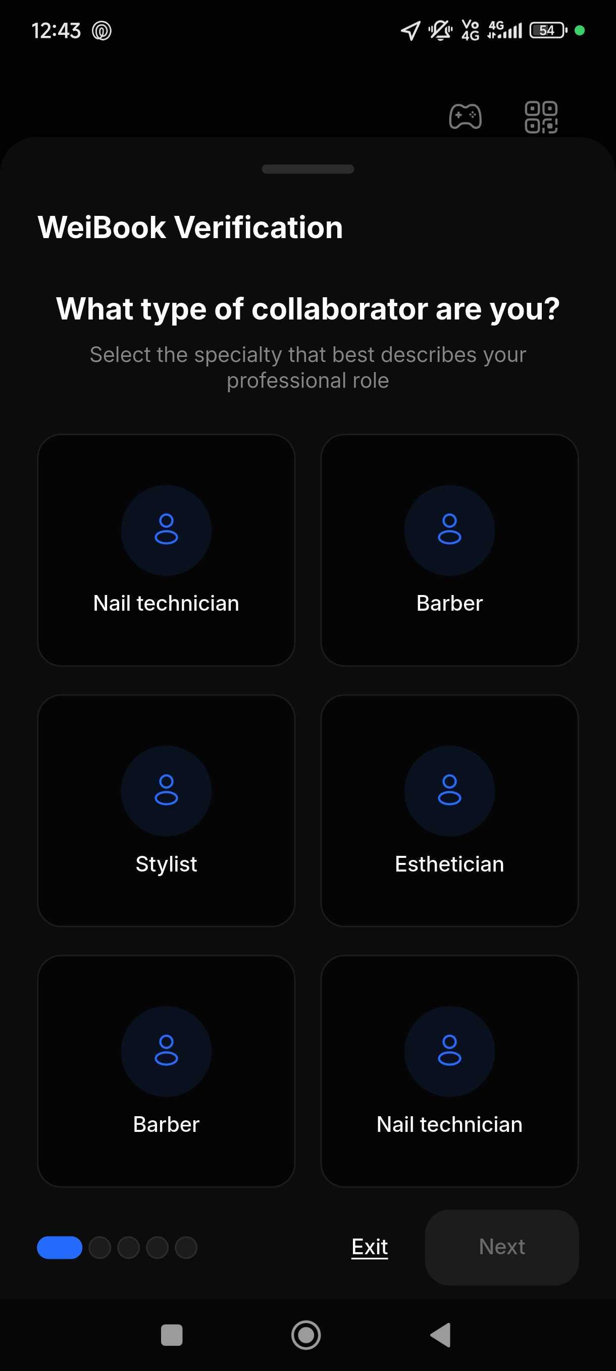 Pantalla de WeiBook Verification para seleccionar Barber como especialidad profesional