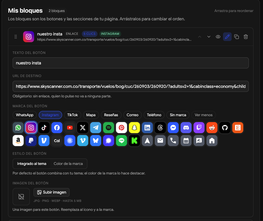 Editor de un enlace de WeiLink con texto, URL, marca, estilo e imagen