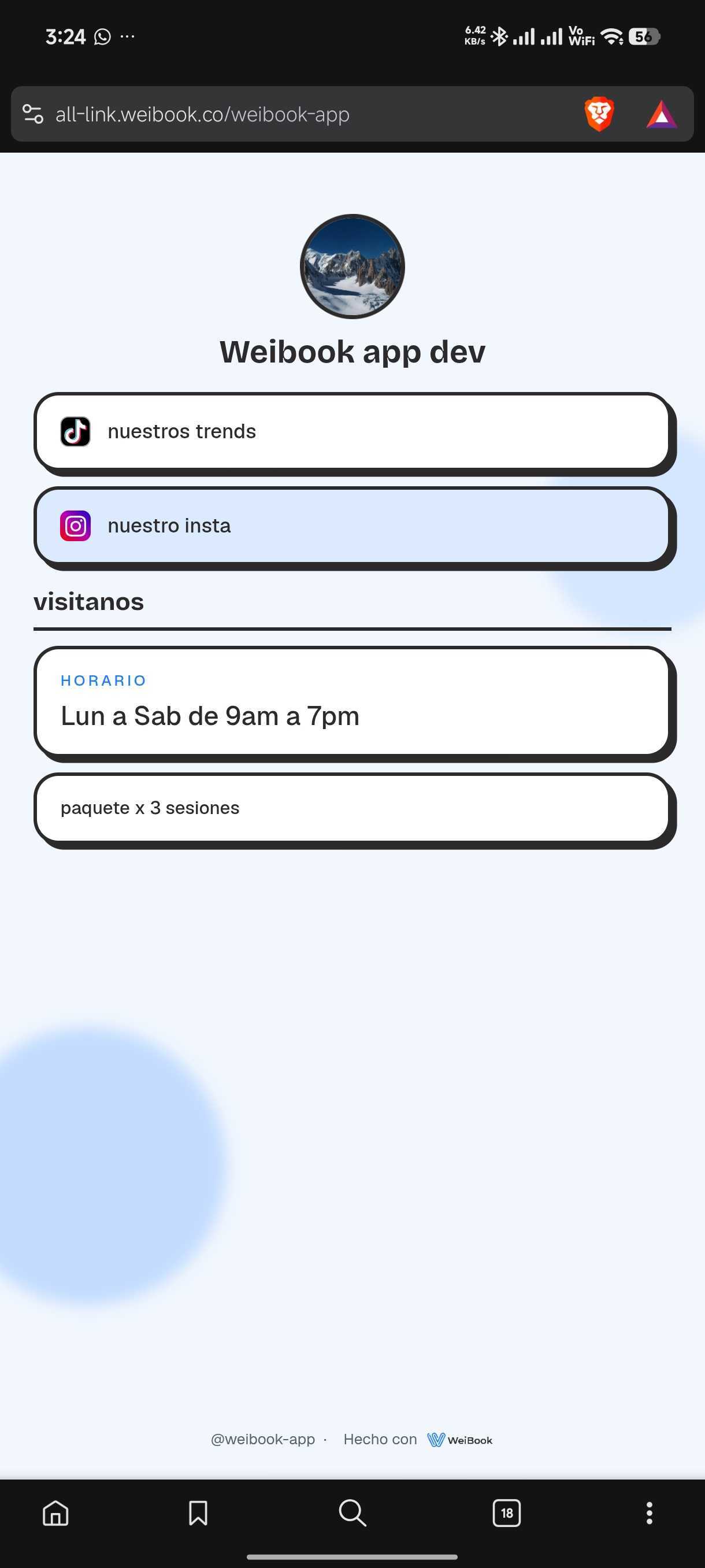 Página pública final de WeiLink en un celular con enlaces sociales, horario y membresía