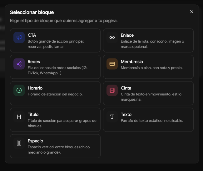 Selector de bloques de WeiLink con opciones de acción, enlace, redes, membresía y horarios