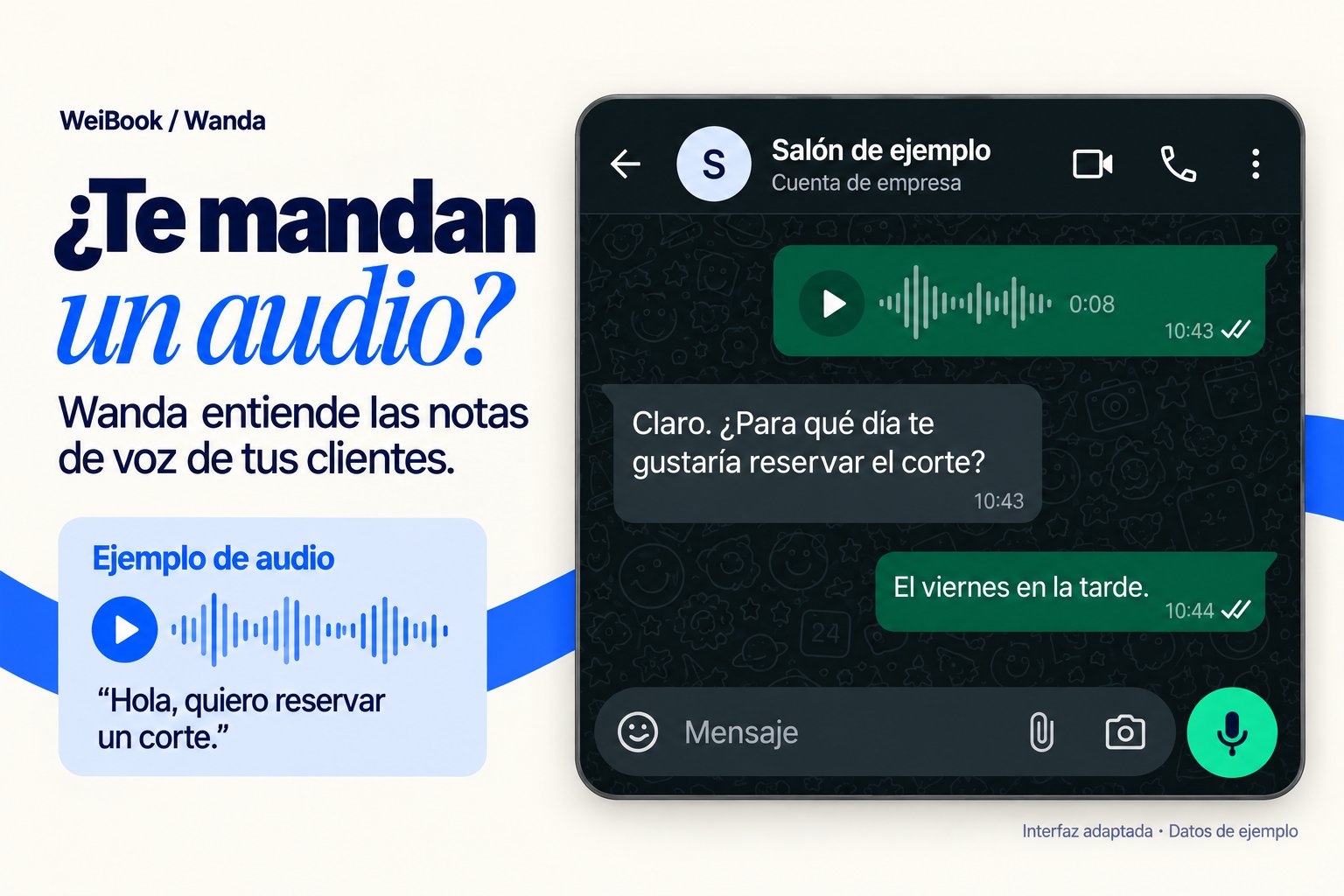 Chat de WhatsApp en el que Wanda interpreta una nota de voz para iniciar una reserva.