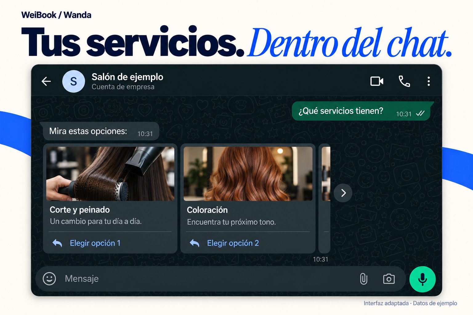 Carrusel de WhatsApp con tarjetas de servicios de corte, peinado y coloración.